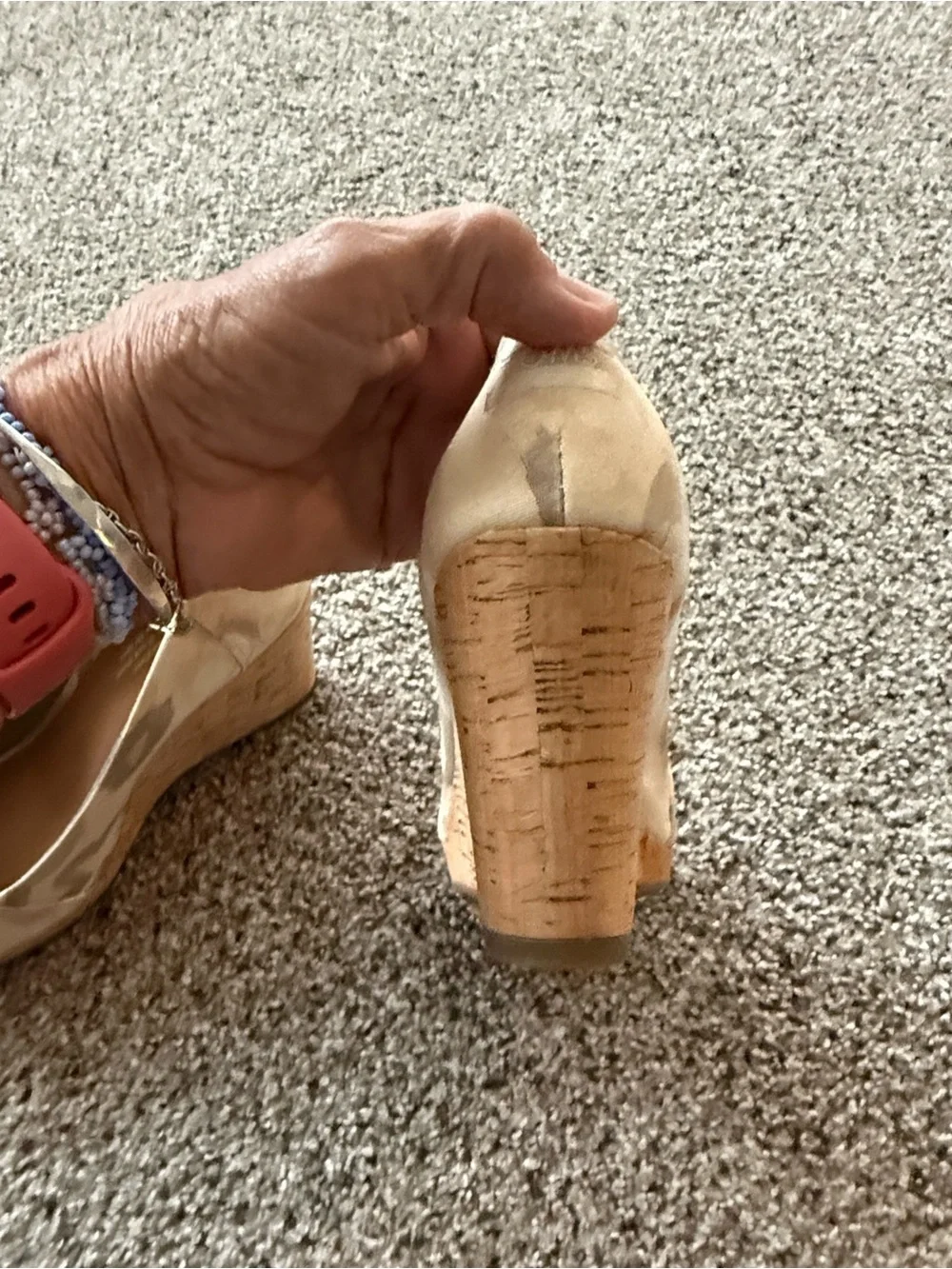 TOMS Beige Camouflage Peep-Toe Wedge Pumps